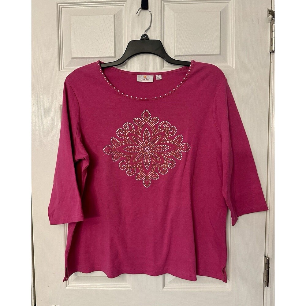 NEW Quacker Factory pink gemstone rhinestone womens top shirt 1X XL
